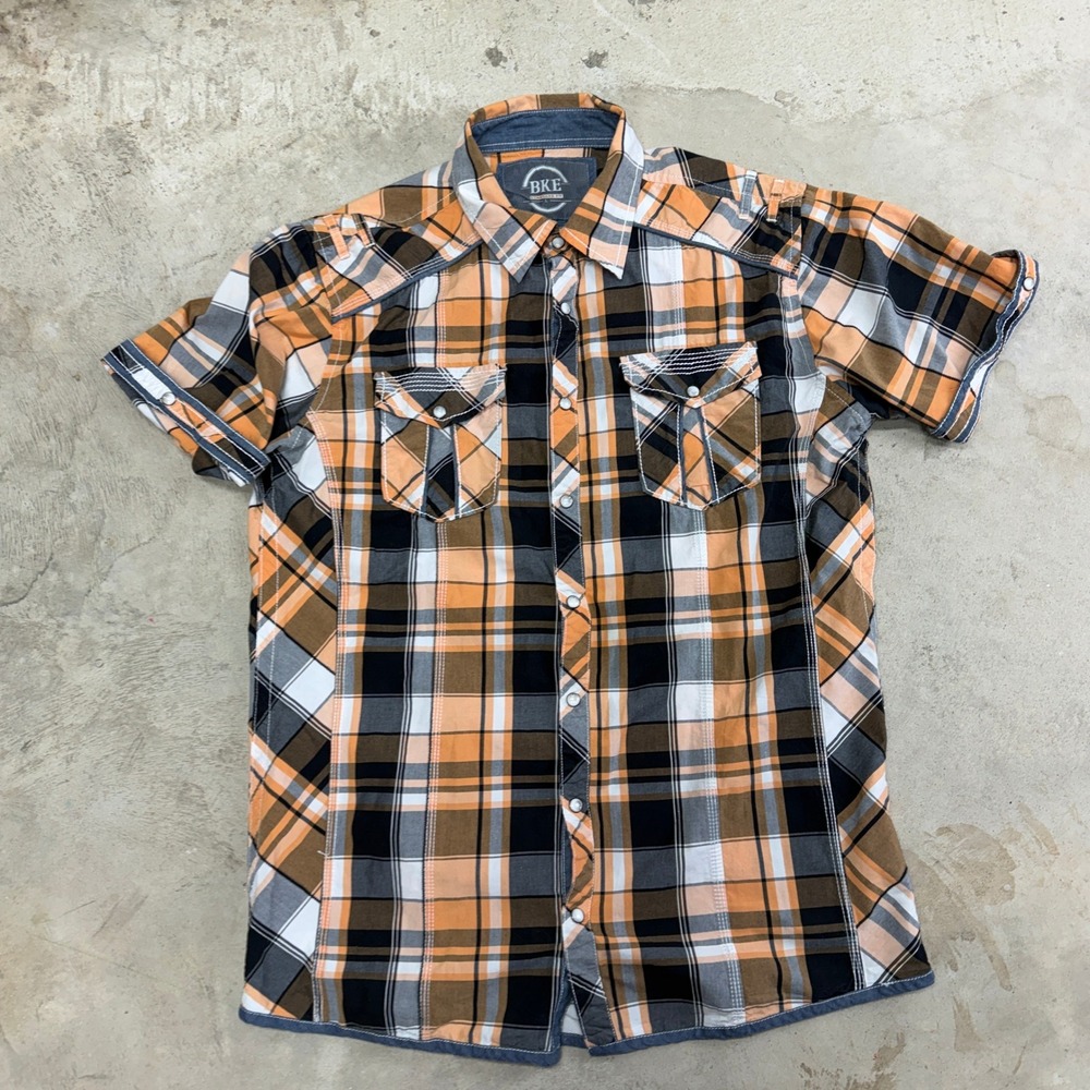 BKE Standard Fit Mens Short Sleeve Plaid Button Up Shirt Orange Black White‎ XL